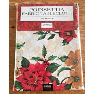 New Poinsettia Fabric Tablecloth 52" x 70" Holiday Christmas Dining Kitchen NOS